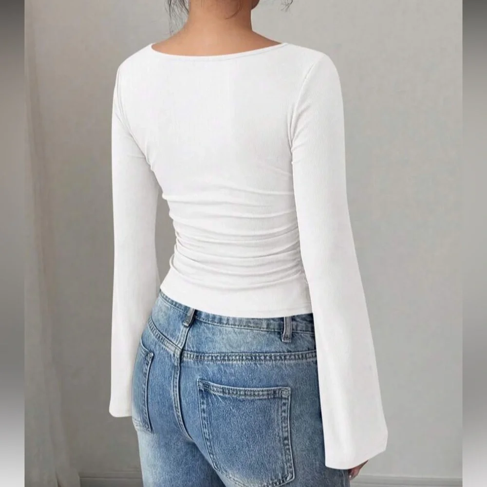 Women's White V-Neck Bell Sleeve Top